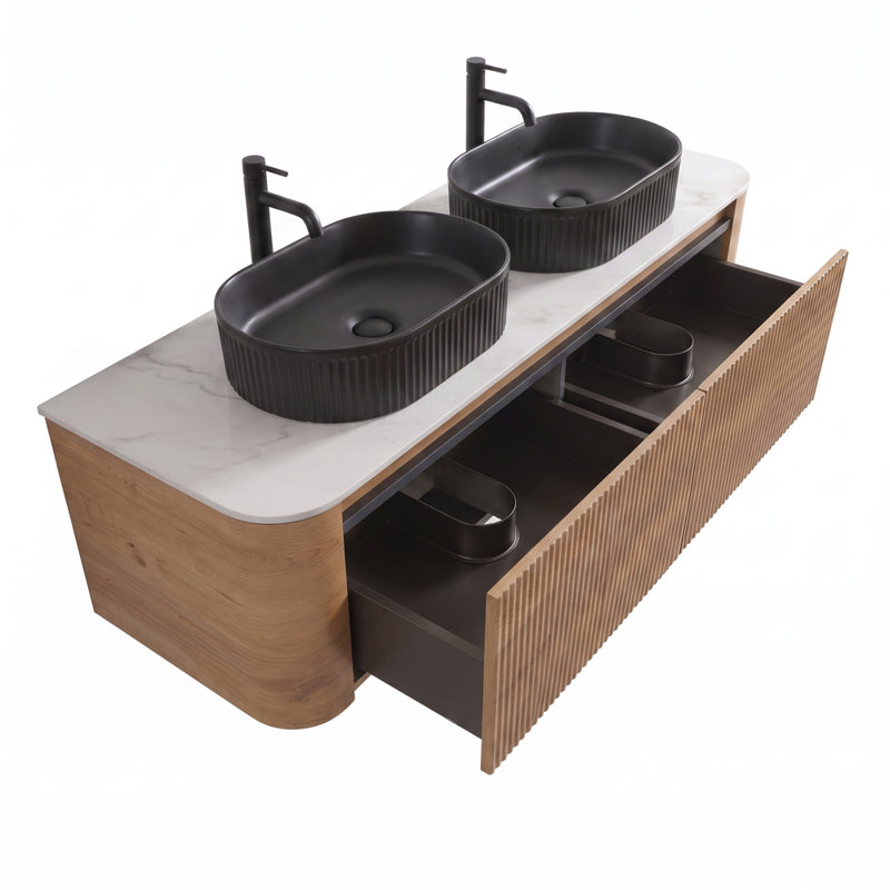 Meuble-lavabo en céramique avec lavabo et porte-serviettes gratuit, Chêne miel, 60"