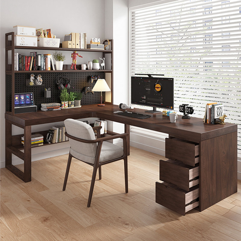 Nut-brown Rectangular Solid Wood with 3 drawers desk, Left Hand Return, 29.53" H x 70.87" W x 47.24" D