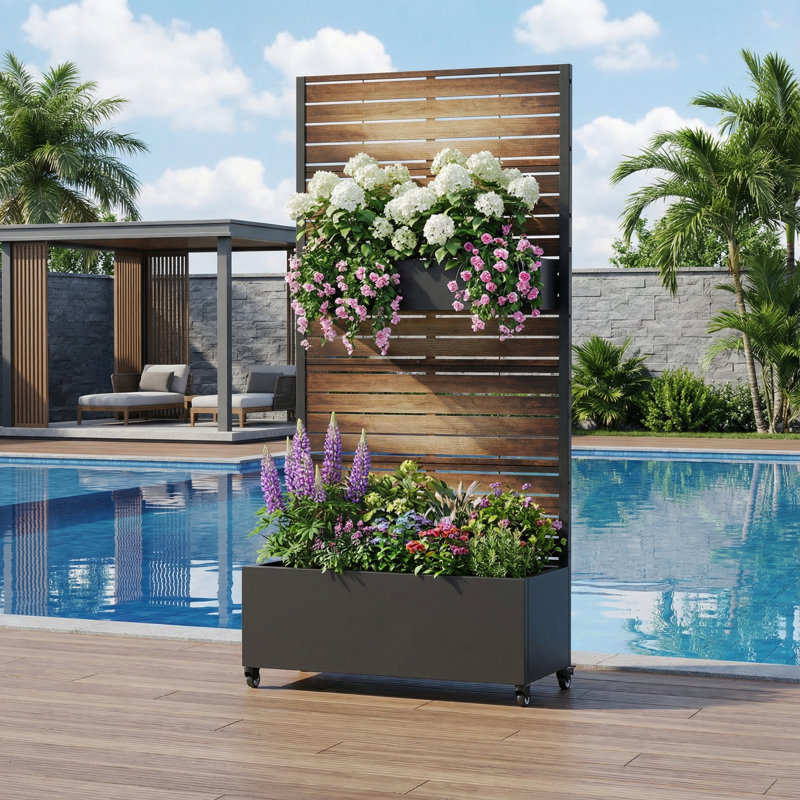 Jardinière en métal Eulau à roulettes, brun foncé, 183 cm (H) x 89 cm (L) x 41 cm (P), H 72 po x l 35 po x P 16 po