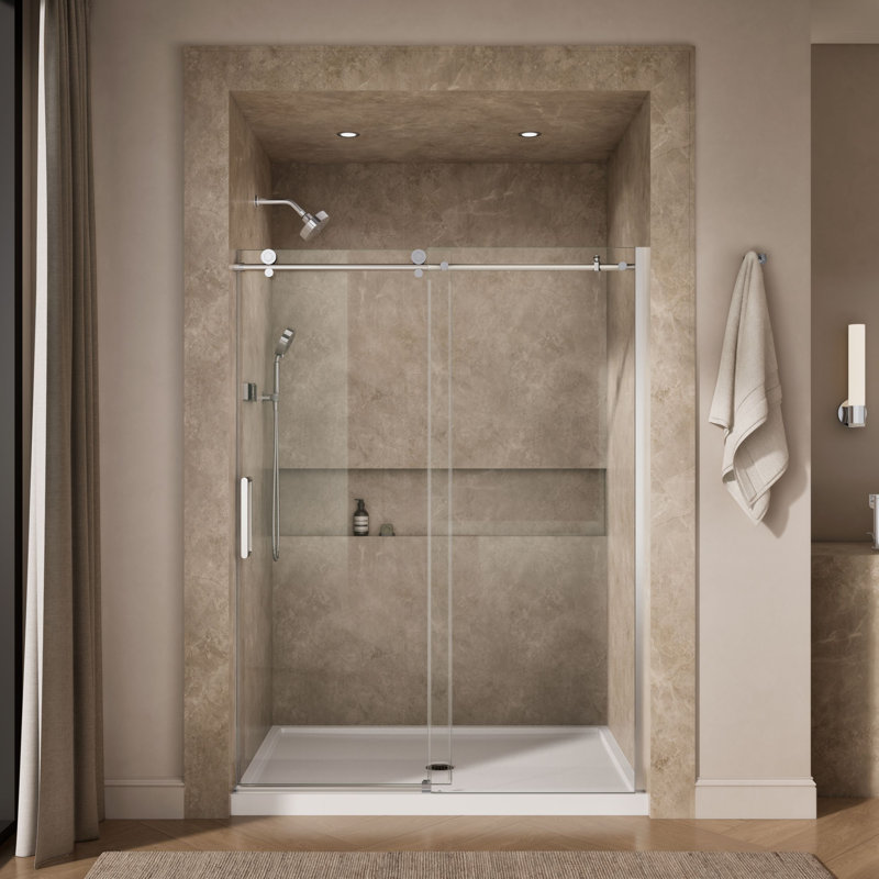 Composed Sliding Shower Door, 78 In. H X 56-1/8 - 59-7/8 In. W, With 3/8 In. Thick Crystal Clear Glass, silver