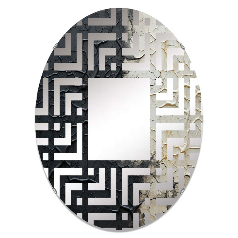Miroir décoratif blanc et noir à motif abstrait labyrinthe | Ovale, 35,4 po x 23,6 po