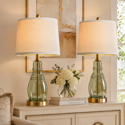 Pair of 22" Green Glass Table Lamps with Linen Shades, Modern Vintage Bedside and Desk Lighting for Bedrooms and Living Rooms
