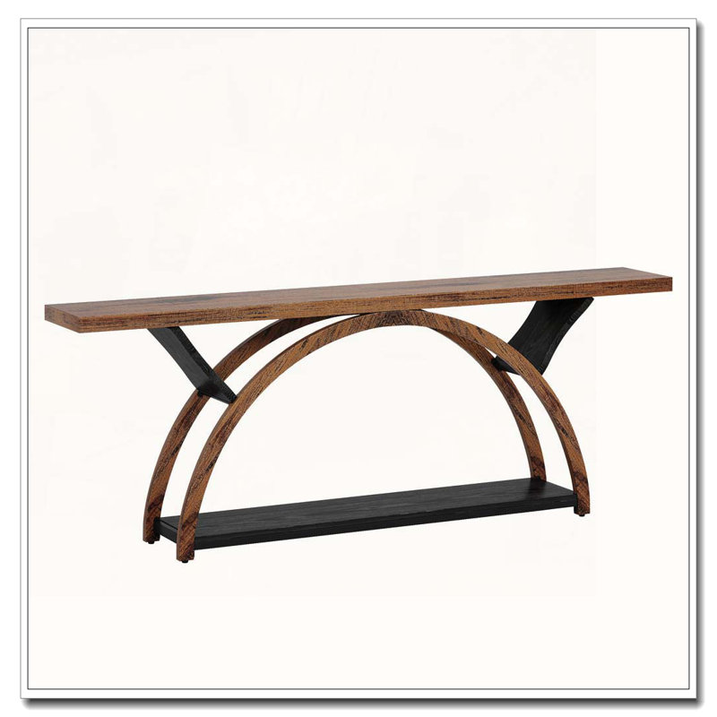 Rustic Two-Tier Console Table with Half Moon Frame Storage Shelf