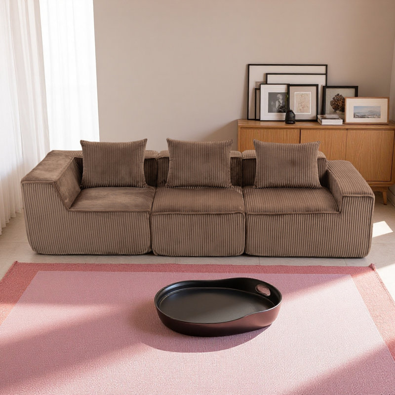 All-Foam Modular Sofa, Corduroy 3-Seater Sectional Couch, Vacuum-Compressed For Easy Delivery, Brown