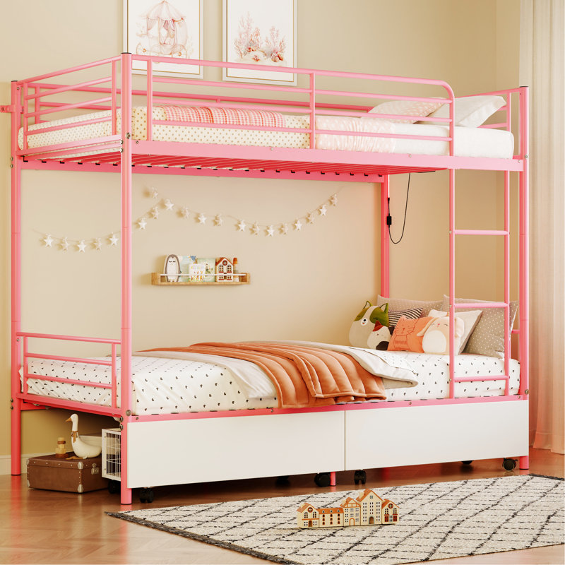 Lit superposé en métal rose avec charge, panneau de clôture de garde-corps, rangement, lits simples séparés, pas de sommier pour moustiquaire de chambre à coucher, séparable