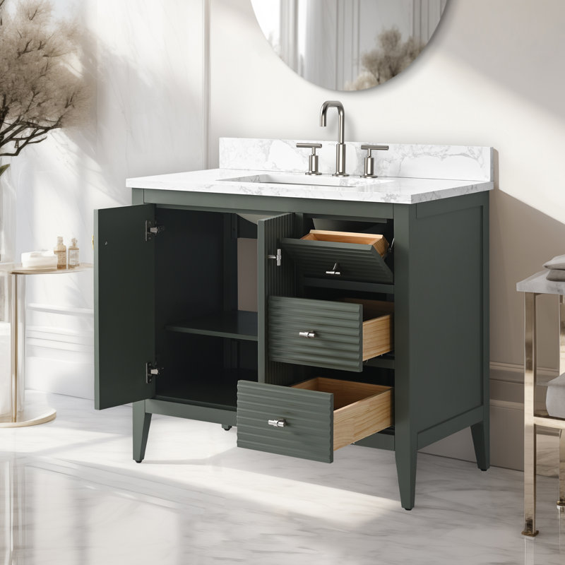 36" Single Bathroom Vanity Set, Brushed Nickel, Linear Vintage Green