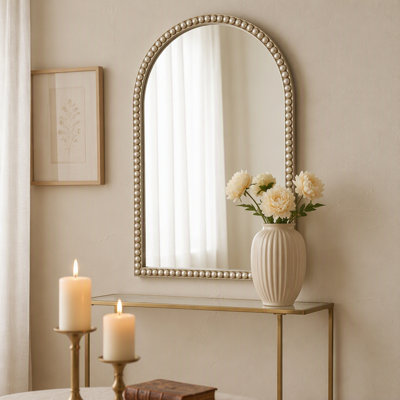 Miroir mural arqué 24 x 35,8 po avec bordure perlée - Miroir décoratif pour salon, chambre, salle de bain, entrée