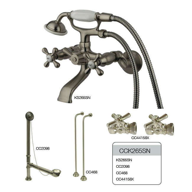 Kingston Brass Vintage Two-Handle 2-Hole Tub Wall Mount Clawfoot Tub Faucet Package with Supply Line, Hand Shower and Tub Drain
