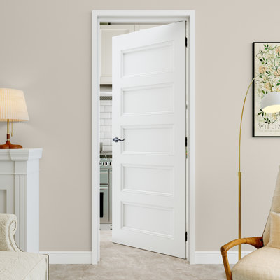 Porte intérieure pré-suspendue 30 po x 80 po à 5 panneaux avec levier incurvé et charnières noires et cadre droit, pouvant être lavée, porte de placard, portes de pièce