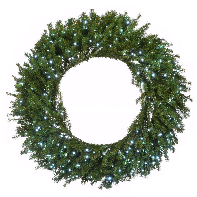 The Holiday Aisle® Memory-Shape Norwood Fir Wreath with White LED Lights, 4" H x 48" W x 48" D