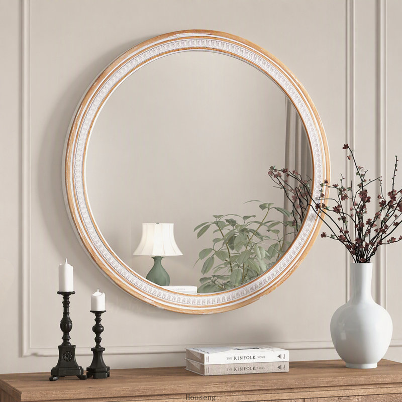 Miroir mural rond 30 po en bois massif de style rustique rustique Boho Shabby-Chic pour meuble-lavabo, salon et entrée