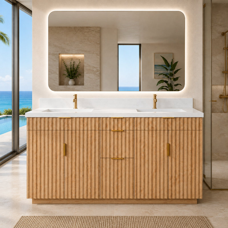 Meuble-lavabo double 60 po avec comptoir, 2 lavabos rectangulaires en porcelaine, bois massif, quartz blanc Carrara de 1,5 po, 4 portes à fermeture douce, 3 tiroirs à queue d'aronde, 2 tiroirs inclinables