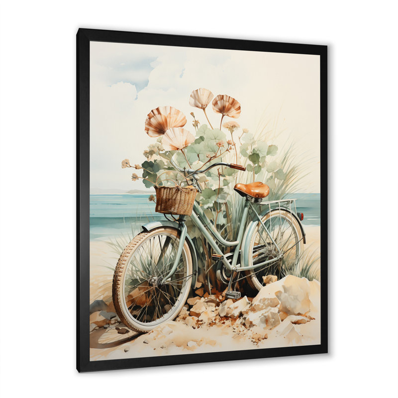 Vélo rétro bleu avec panier sur la plage I, reproduction d'art sur toile, H 32 po x l 16 po x P 1 po, Cadre photo noir simple