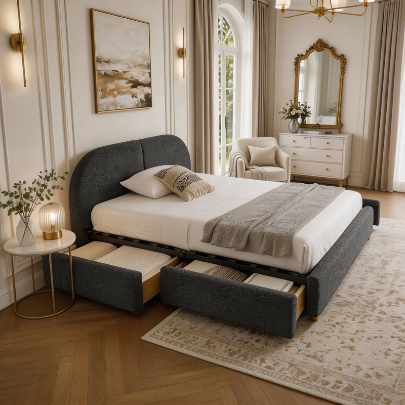 Tête de lit courbée de style moderne et minimaliste avec pieds incurvés et pieds robustes, Queen, Pink, Drawer