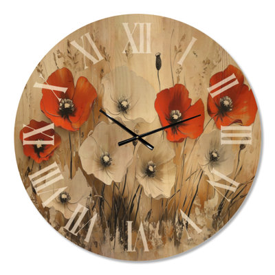 Crimson Meadow Poppies I - Wildflowers Wall Clock, Printed on Wood