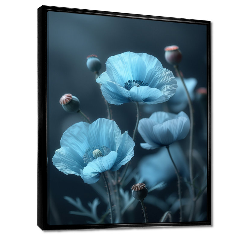 «Blue Blue Natures Nuance Poppies III - Poppies», reproduction d'art murale, Toile avec cadre flottant noir