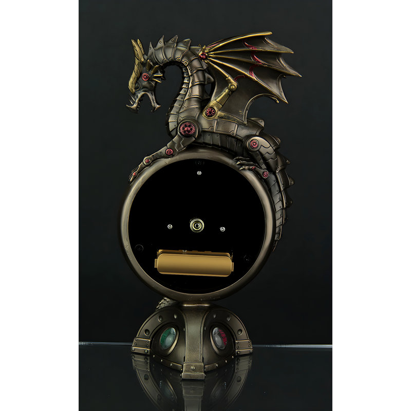 Horloge de table steampunk en résine polyuréthane bronze coulée à froid, représentant un dragon et dotée d'un mécanisme d'horlogerie mobile ; hauteur : 23 cm.