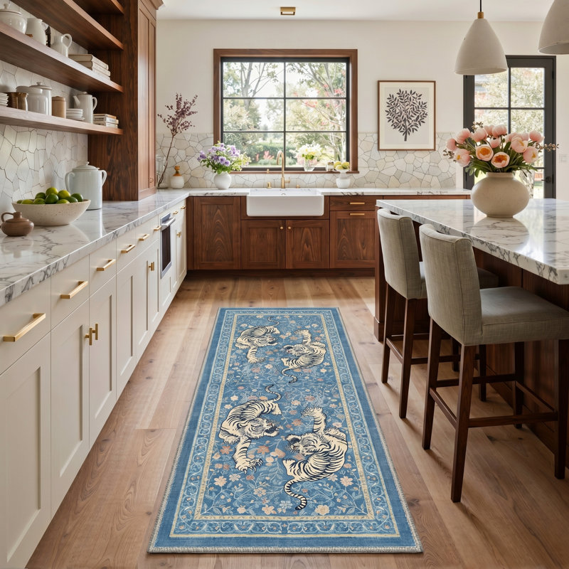 Teiarra Tigris Animal Print Machine Washable Blue / Beige Indoor Area Rug with Non-Slip Backing, Runner 2'6" x 8'