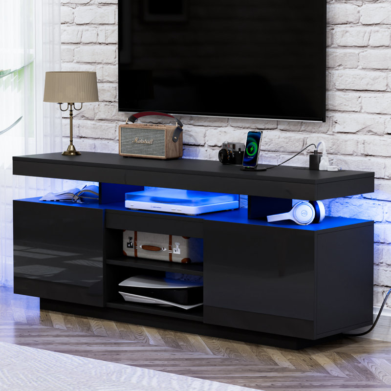 Modern 47.2/55.1 in Media Console with Outlet and RGB LED Light, TV Stand for TVs up to 65/55 inch, 55.1'' W, Black