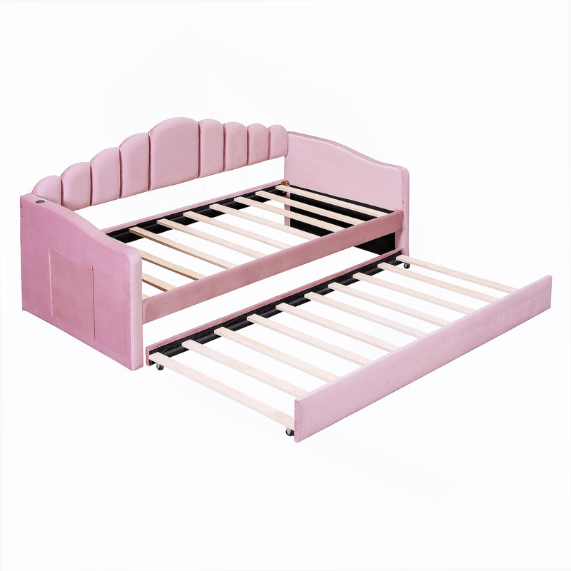 Twin Size Velvet Upholstered Daybed With Trundle And USB Charging, No Box Spring Needed, Perfect For Modern Living