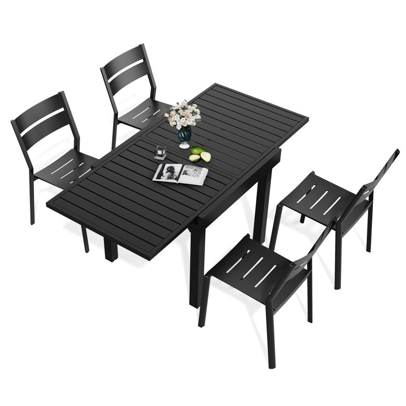 Ensemble de salle à manger extensible rectangulaire en aluminium pour 4 personnes avec chaises empilables