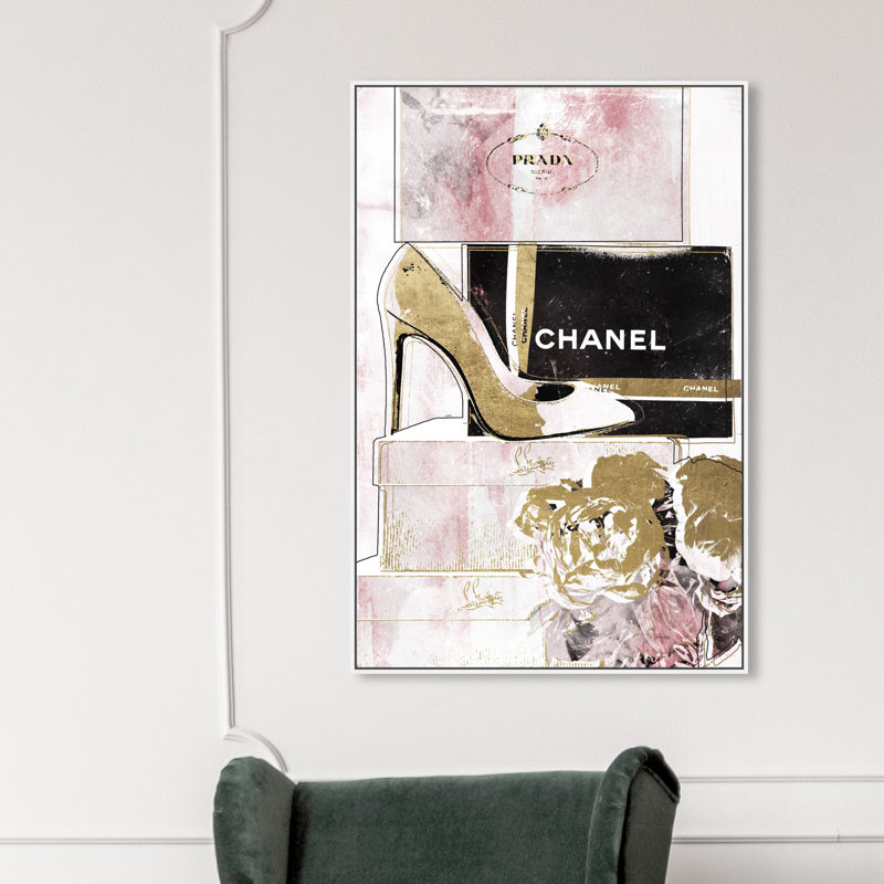 " Luxury Stacked Shoes Rose ", White Framed, 45" H x 30" W