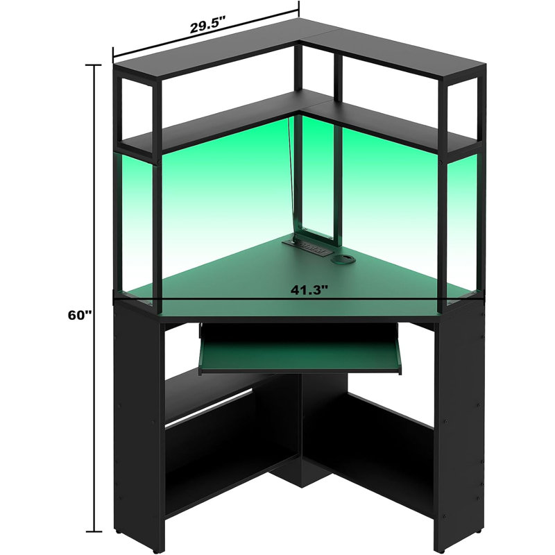 Meridel 29.5'' W Corner Computer Desk with Storage, Power Outlets and LED Lights, Black