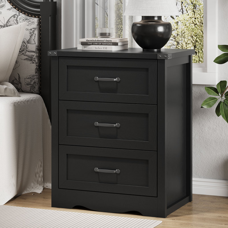 Table de chevet à 3 tiroirs de 23,6 po de largeur, table de chevet avec poignées en tasses pour la chambre à coucher, Noir