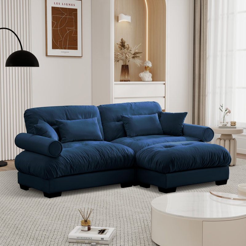 Over Size Modern Upholstered Sofa With Ottoman, Blue Velvet