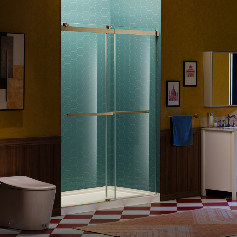56" - 60" W X 80" H Double Sliding Frameless Shower Door With 5/16"(8Mm) Clear Tempered Glass, Brushed Bronze