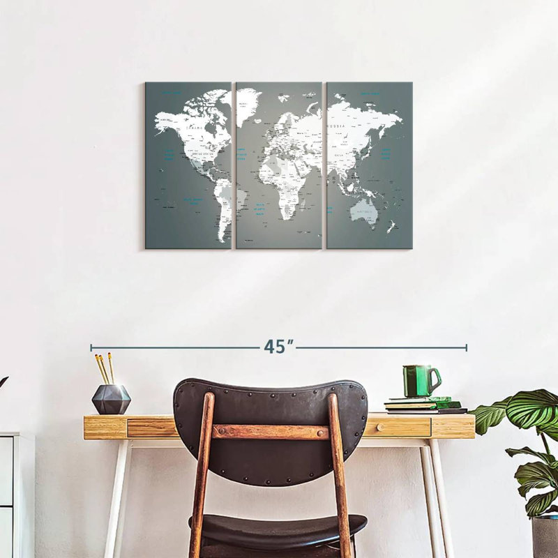 Ensemble de 3 pièces de carte du monde sur toile, H 33 po x l 20 po x P 1,25 po