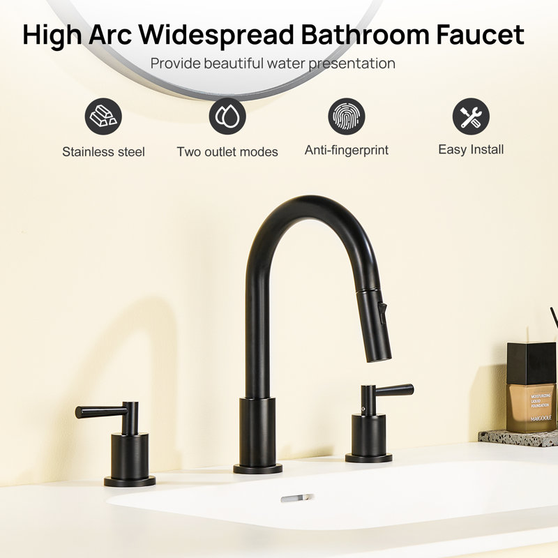 8 In. Widespread Double Handles Pull Down Bathroom Sink Faucet With Dual Mode Spout And Pop Up Drain, Matte Black