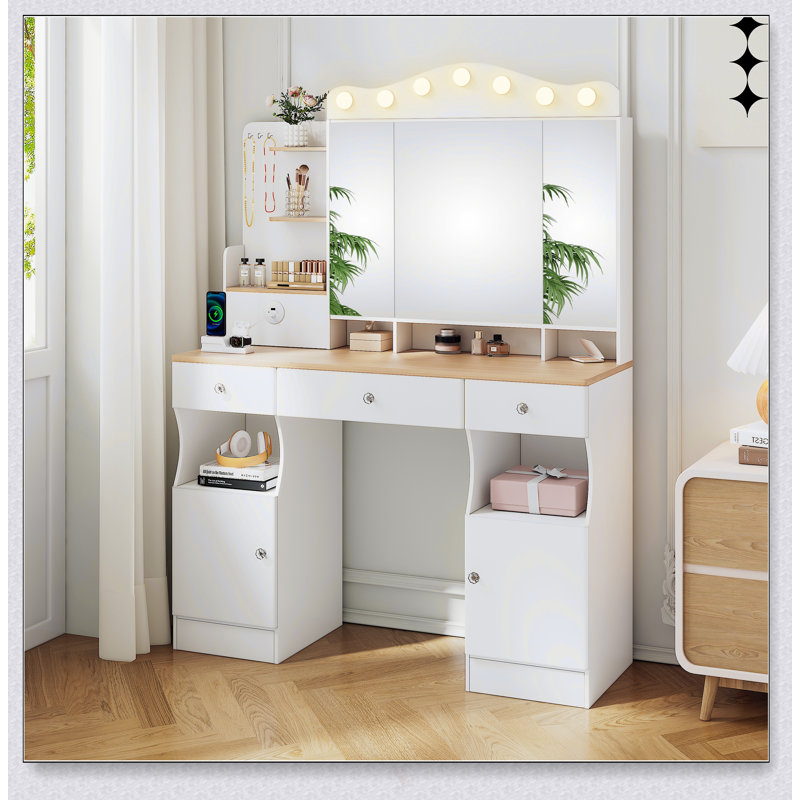 Meuble-lavabo multifonctionnel avec lumières DEL, alimentation USB et beaucoup de rangement pour le maquillage et les accessoires