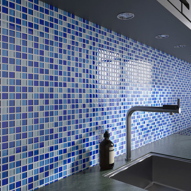 Carrelage mosaïque en verre brillant 11,82 po x 11,82 po Glare, Bleu