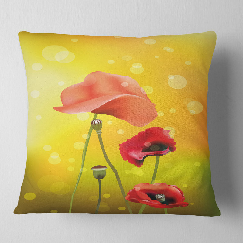 Coussin décoratif à fleurs rouges sur fond jaune, 18 po x 18 po, Carré