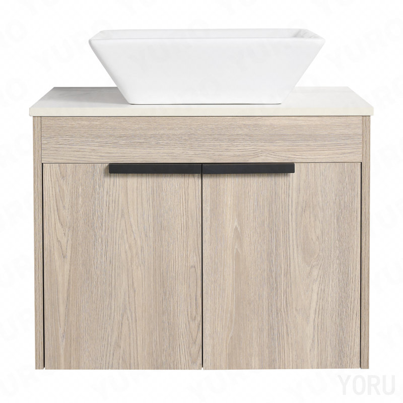 Meuble-lavabo flottant de 36 po au design moderne avec lavabo d'art en céramique, dalle de pierre plate blanche et petites tablettes de rangement, porte à fermeture douce