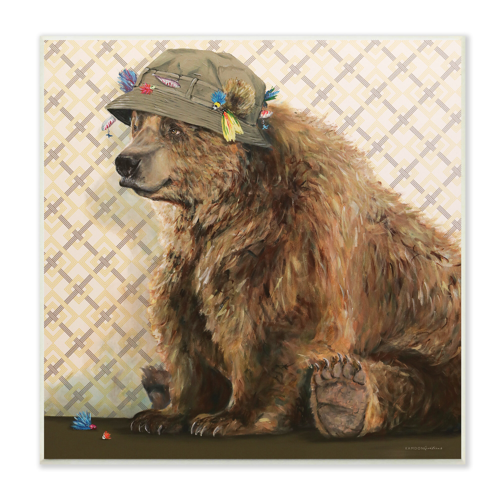 Stupell Industries Rustic Brown Bear Wearing Fisherman's Hat Geometric  Pattern On Wood by Tom Lecuyer Print