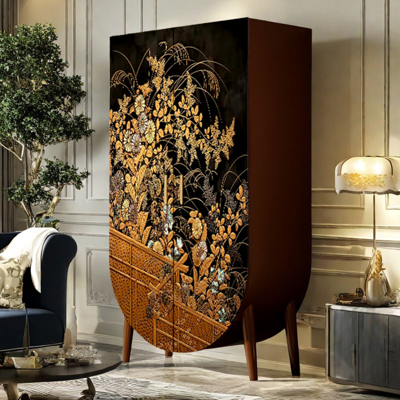 Armoire rétro à deux portes avec poignées, Noyer / noir / or