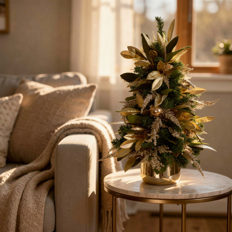 Arbre de vacances avec feuilles de magnolia et ornements dans un vase en verre