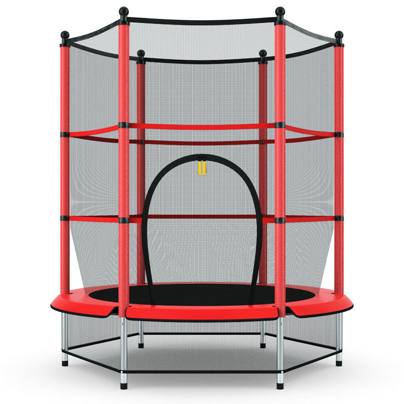 Gymax Hexagon Backyard Trampoline with Safety Enclosure, Red