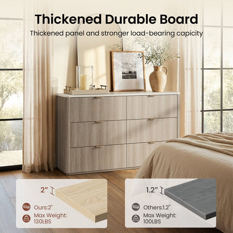 Elaren 53.9" Wide Dresser 6 Drawers With Storage Modern Faux Travertine Wood Chest For Bedroom, Teak/Natural Oak