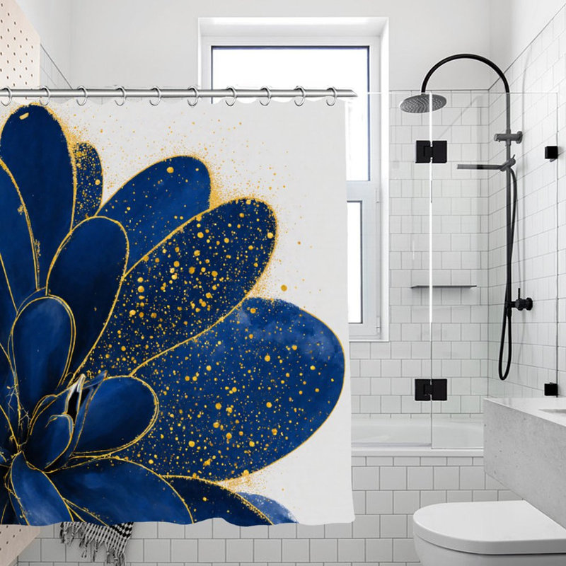 Rideaux de douche bleu marine, or et éclaboussures, 71 x 71, Bleu