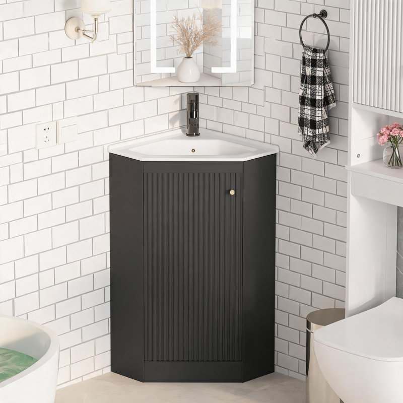 Meuble-lavabo de coin mural noir de 24 pouces avec lavabo en céramique, convenant aux petites zones de dressage de la salle de bain (robinet non inclus).