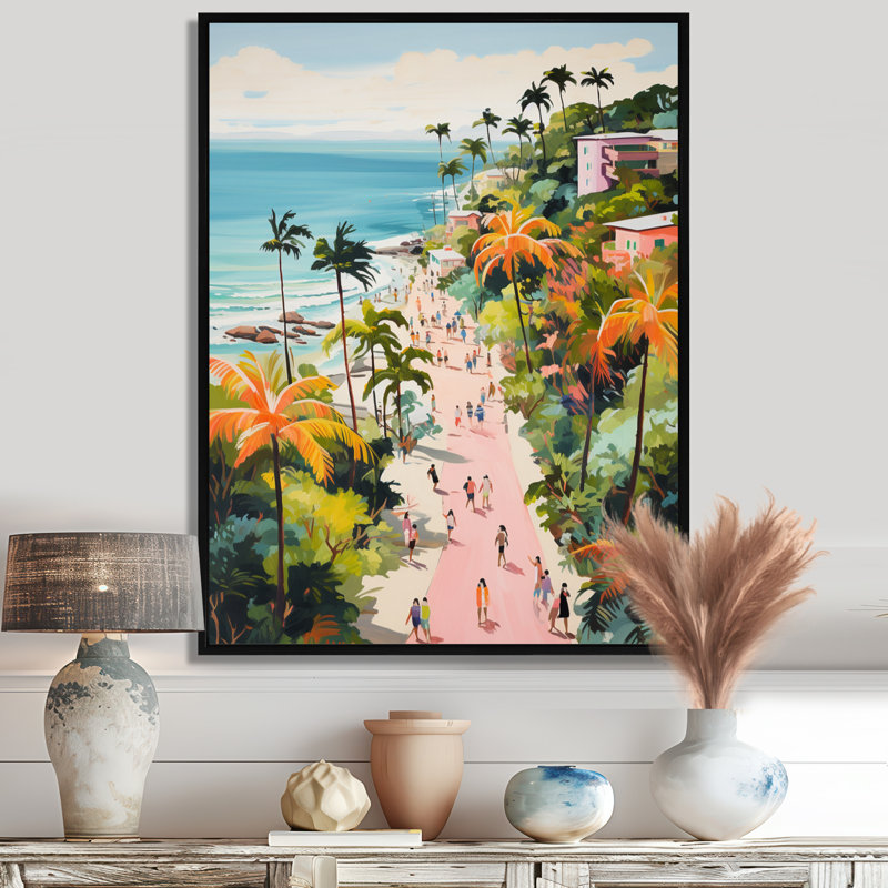 Scène de plage côtière, paradis en couleur pastel II - art de la plage côtière, Cadre flottant noir