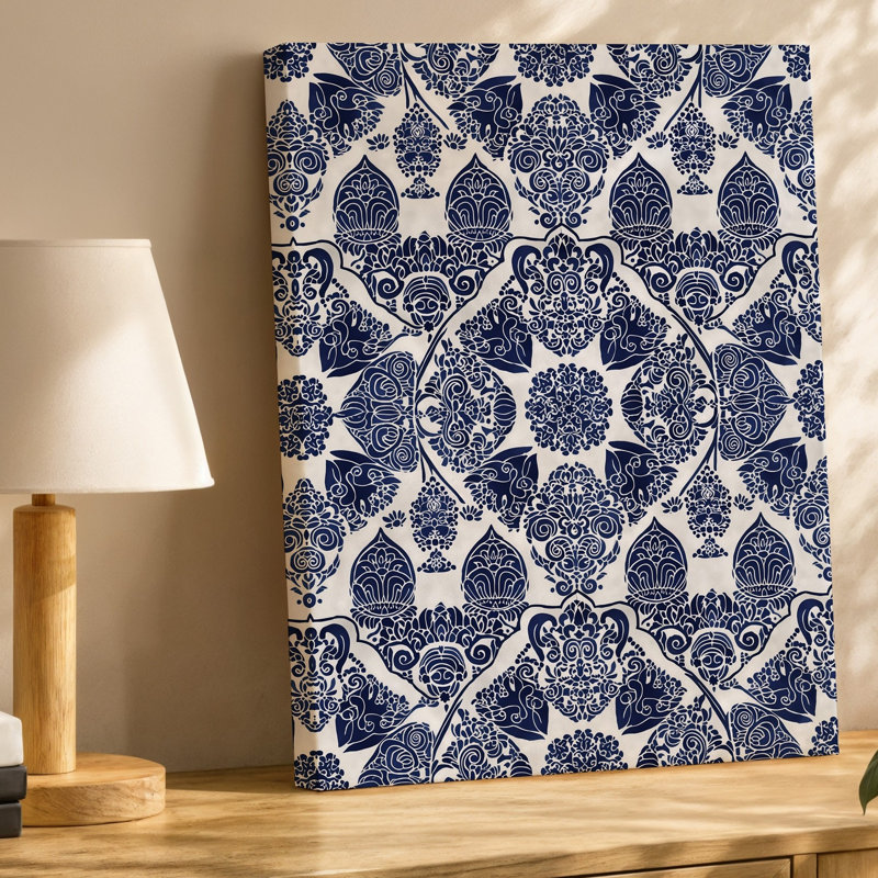 Toile d'un motif sans soudure d'inspiration marocaine détaillée avec art mural tourbillonnant complexe et motifs géométriques dans une toile marine foncé