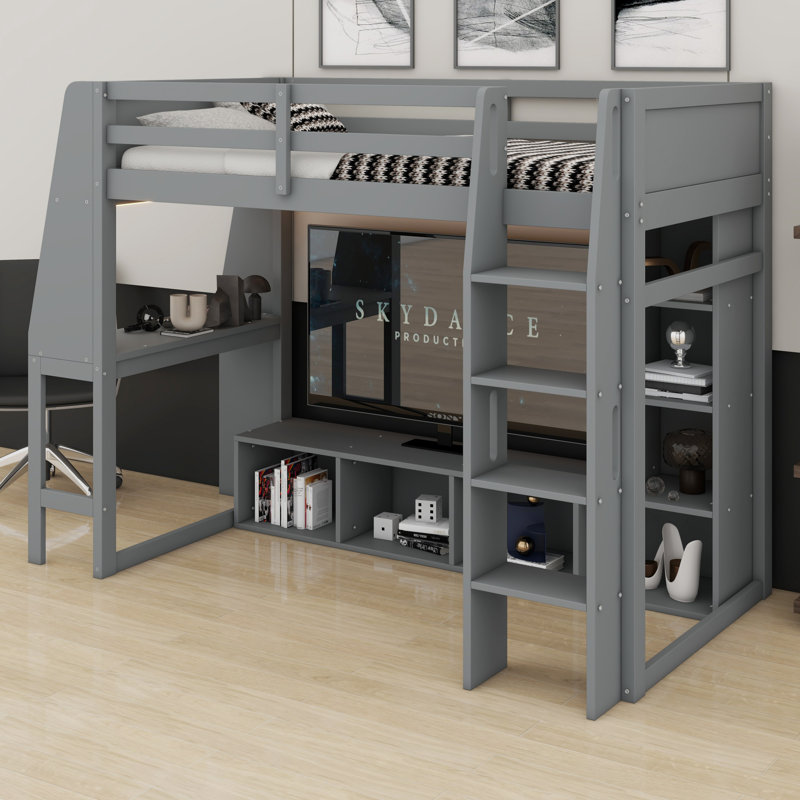 Lit mezzanine multifonctionnel en bois, équipé d'un bureau, de tablettes de rangement, d'un support à vêtements à DEL et à suspendre