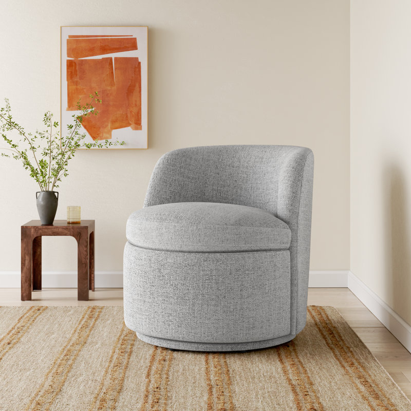 Estes Upholstered Swivel Barrel Chair, Nathan Gray Performance Tweed