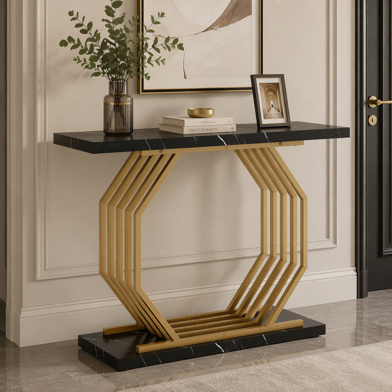 Console en faux marbre, canapé d'appoint 40 "avec base géométrique en métal, Noir