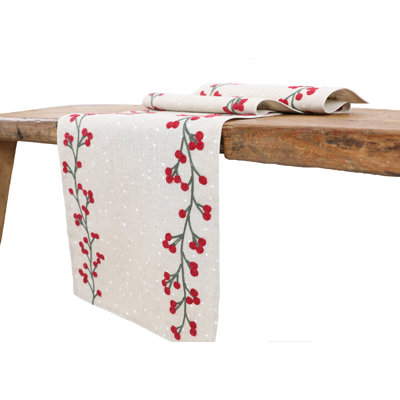 15 in. x 70 in. Winter Pine Cones & Branches Crewel Embroidered Table Runner, Natural 15 in. x 70 in. Winter Pine Cones & Branches Crewel Embroidered Table Runner, Natural
