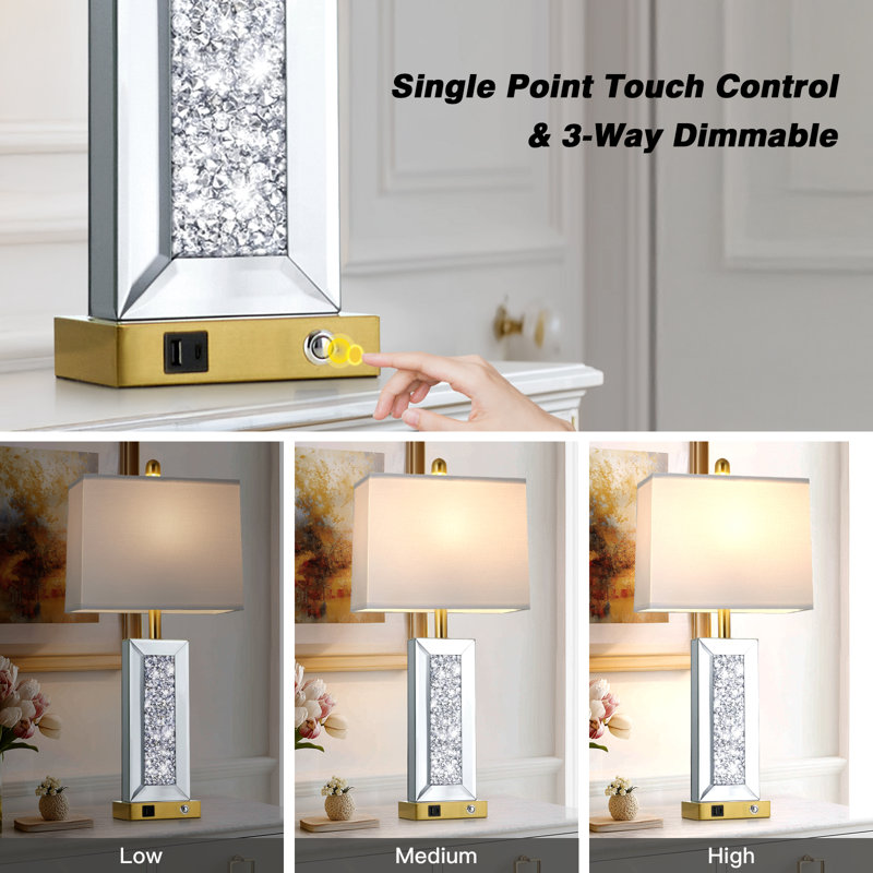 27.5” Modern Mirrored Table Lamp with USB & Type-C, 3-Way Touch Control, Rectangle, Gold